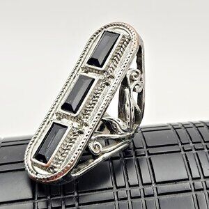 Vintage Art Deco Style Silver Tone Knuckle Ring | Black Baguettes Size 4.75